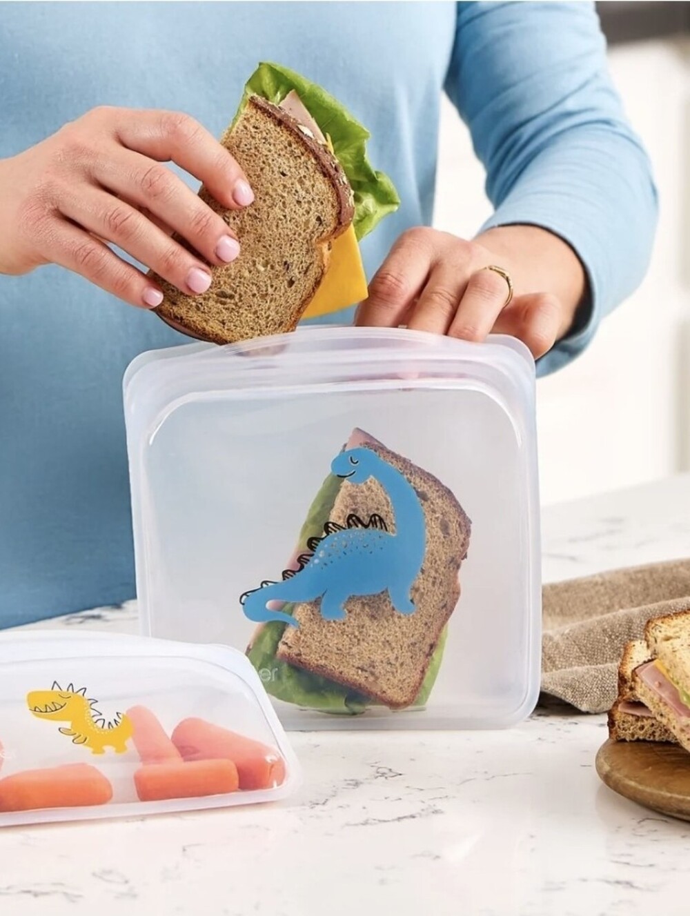Reusable Dinosaur Snack & Sandwich Bags - Blue and Yellow